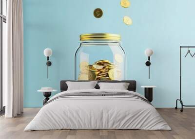 Streams of coins flowing into a savings jar, passive income accumulation, 3D illustration Wall mural