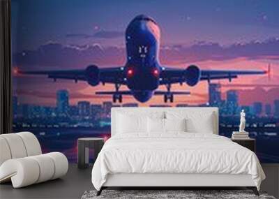 Takeoff of an airplane and an airport in background Air transport navigation, aircraft innovation, travel concept, futuristic tech, aviation technology, AI in aviation, night fligh Wall mural