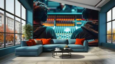 Two music producers are working at a mixing console in a recording studio. They are wearing headphones and looking at the soundboard. Wall mural