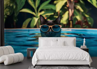 A black cat in sunglasses swims in a summer pool outdoors Wall mural