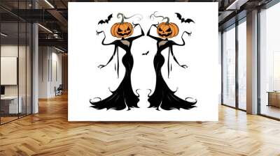 A Halloween illustration featuring two women in elegant, flowing black dresses with jack-o'-lantern heads, posing symmetrically with bats flying around them. Wall mural