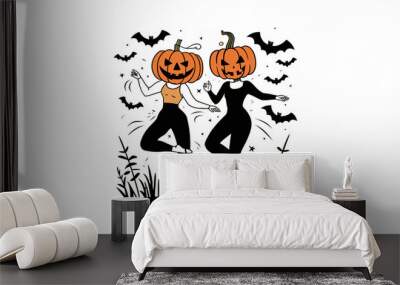 A Halloween illustration featuring two women with jack-o'-lantern heads dancing joyfully, surrounded by flying bats, in a spooky outdoor setting. Wall mural