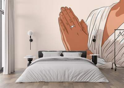 A serene illustration of hands in prayer, adorned with rings and bracelets, symbolizing peace and devotion in a minimalist style. Wall mural