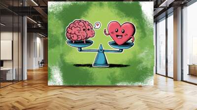 Cartoon illustration of a brain and heart on a balance scale, representing the concept of logic versus emotion. Wall mural