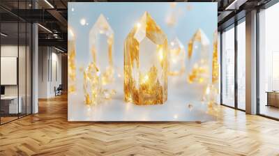 Golden quartz crystals sparkling with embedded lights, evoking feelings of joy, abundance, and celebration against a radiant background. Wall mural