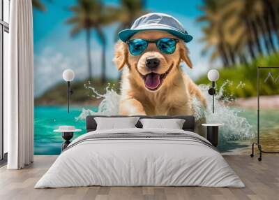 A cute puppy in a hat and sunglasses runs along the sand on the sea coast under palm trees. AI Generated Wall mural