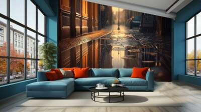 City night street reflected in a puddle of water after rain. AI Generated Wall mural