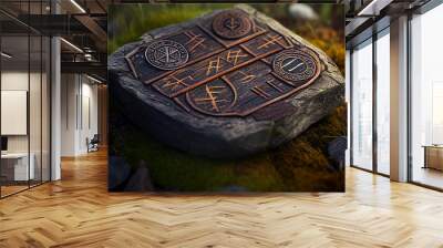 Scandinavian runes lie on the board. AI Generated Wall mural