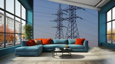 Power lines against the backdrop of winter dawn. Winter landscape. Dawn. Copy space. Wall mural