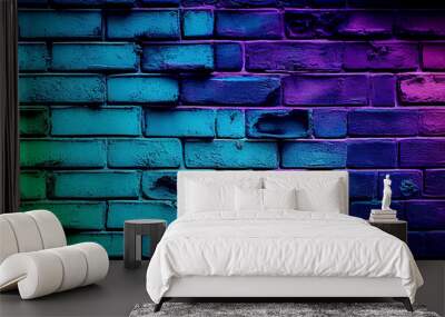 Toned brick wall. Blue purple magenta teal green rough surface. Color gradient background close up Wall mural