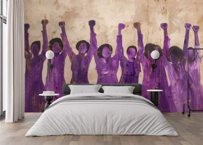 International Women's Day. Illustration of the purple silhouette of a group of women with their fists raised in protest. Concept protest for rights and equality. Wall mural