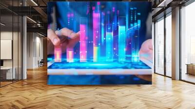 Person holding a tablet with a virtual data graph. Financial study or business trend. Business concept, data, statistics... Wall mural