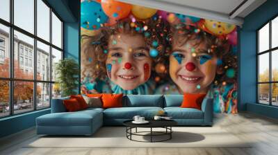 Smiling children dressed as clowns for carnival Wall mural