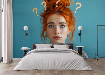 Young red head woman expressing doubt on her face, with question symbols around her head. Image for advertising, web or commercial. Wall mural