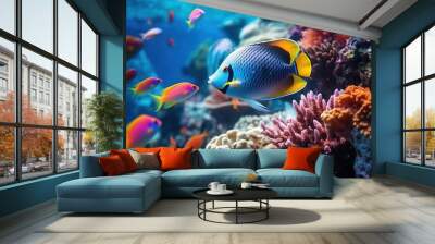 Colorful coral underwater in ocean with group of colorful fish and sea animals. Generative AI. Digital Art Illustration Wall mural