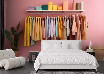 Colourful clothes hang on a clothing rack, while a pastel colored closet graces the shopping store or bedroom, showcasing a delightful array of colors. Generative AI. Digital Art Illustration Wall mural