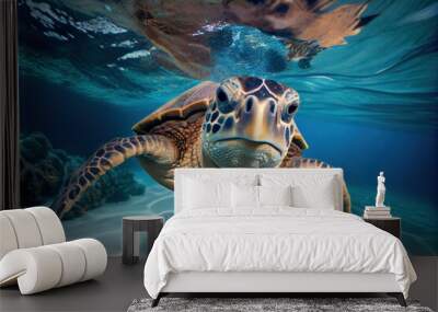 Portrait of a happy sea turtle swimming underwater. Generative AI. Digital Art Illustration Wall mural