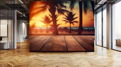 Rustic wooden table and blured palms and sunset for product and merchandise display. Generative AI. Digital Art Illustration Wall mural