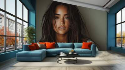 A captivating young woman with freckles and windswept hair gazes intensely at the camera, her expression exuding confidence and allure against a muted background. Wall mural