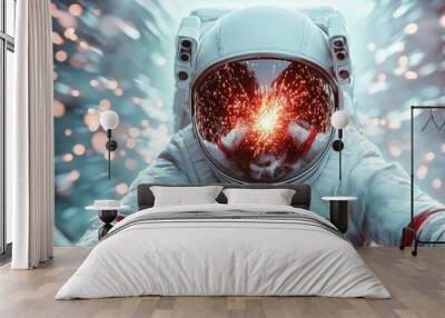 A close-up of an astronaut's helmet reflecting vibrant sparks, creating a dynamic and intense motion blur effect against a blurred cosmic background. Wall mural