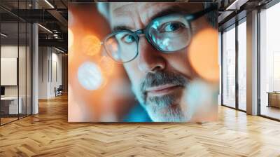 A close-up shot capturing an individual wearing glasses, set against a vibrant and colorful bokeh background, creating a dreamy and artistic effect. Wall mural