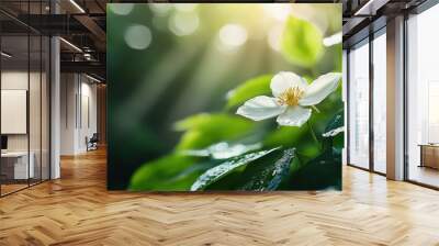 A delicate white flower is bathed in sunlight, its petals adorned with shimmering dewdrops amidst a lush green garden, capturing a sense of calm and tranquility. Wall mural