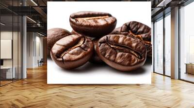 A detailed capture of a pile of roasted coffee beans on a clean white surface, emphasizing their enticing aroma and rich texture for coffee enthusiasts. Wall mural