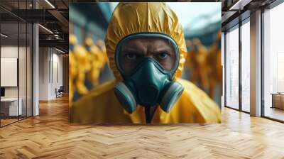 A person with a strong gaze, dressed in a yellow hazmat suit and a protective mask, stands in a determined posture to face potential threats with readiness. Wall mural