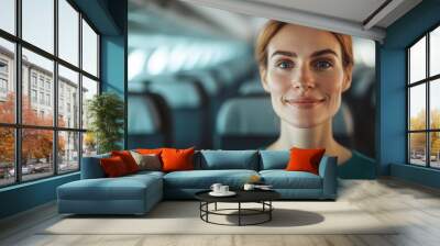 A relaxed passenger, sitting comfortably in her aircraft seat, gazes forward, embodying tranquility and contemplation during air travel in a serene cabin environment. Wall mural