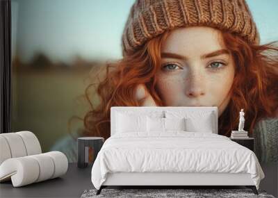 A serene redhead wearing a cozy beanie stands enjoying the calm of nature, embodying tranquility and warmth, with a background of blurred fields. Great for lifestyle portrayals. Wall mural