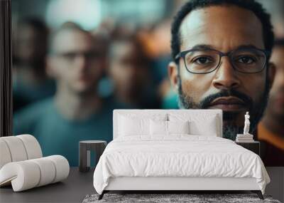 A serious man with a short beard and glasses stands at a rally, looking directly at the camera with a focused expression, representing determination and solidarity. Wall mural