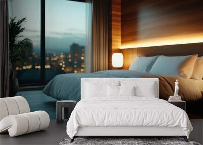 A sleek and contemporary bedroom featuring a large window overlooking a cityscape, complemented by warm ambient lighting and minimalist decor for a peaceful retreat. Wall mural