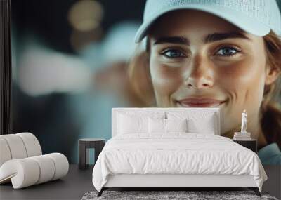 A sporty woman in a white cap smiles confidently outdoors, representing energy and vitality, capturing the essence of an active and balanced lifestyle. Wall mural