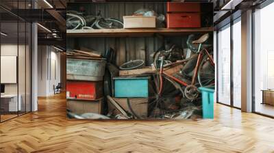 A storage room is crowded with old bicycles and a mix of various items placed haphazardly on shelves. The scene portrays a sense of forgotten times and clutter. Wall mural