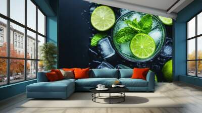 A top view of a lime cocktail with mint leaves and ice cubes, creatively captured with fresh limes and a dark background for a stunning presentation. Wall mural