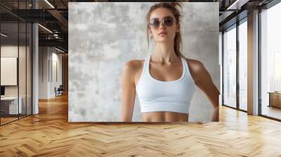 A woman wearing a white top and stylish sunglasses stands confidently with a casual pose against a textured wall, exuding modern fashion and elegance. Wall mural