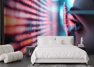 An abstract digital art piece featuring a blurred figure amid streams of binary code and colorful neon lights, symbolizing the intersection of technology and human presence. Wall mural