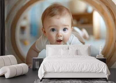 An adorable baby smiling while crawling through a wooden play tunnel, capturing the pure joy and curiosity of early childhood exploration and playfulness indoors. Wall mural