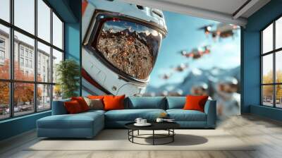 An astronaut in reflective helmet stands with drones hovering in snowy mountains, highlighting exploration, technology blending with nature's vastness and isolation. Wall mural