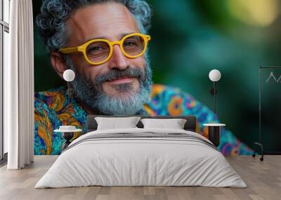 An elderly man with salt-and-pepper hair and beard, wearing striking yellow glasses and a colorful patterned shirt, smiles gently against a vibrant natural backdrop. Wall mural