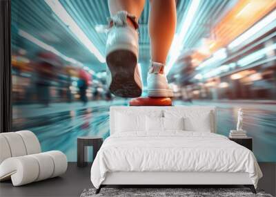 Focused on a pair of sneakers walking through a busy subway station, this image captures dynamic motion and urban energy with a futuristic blur effect. Wall mural