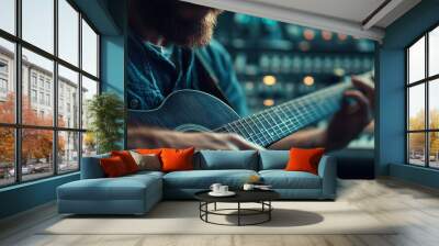 In this image, a man with a beard is seen playing an acoustic guitar in a dimly lit music studio environment, surrounded by various audio equipment, capturing a creative moment. Wall mural