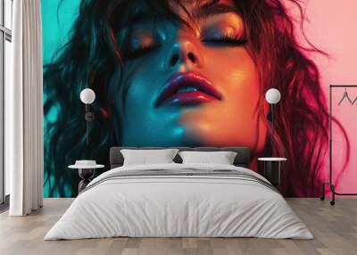 Stylized portrait featuring an individual with curly hair, illuminated by vibrant and contrasting lighting in a blend of turquoise, red, and orange, highlighting a modern artistic style. Wall mural