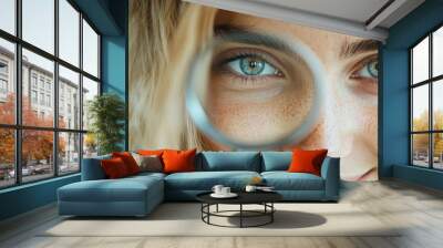 This image captures a detailed close-up of wavy blonde hair set against a softly blurred background, providing a combination of texture and light shading in one frame. Wall mural