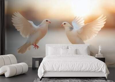 This image captures two doves in flight against a serene sunrise backdrop, symbolizing peace and harmony with their wings elegantly outstretched in symmetric grace. Wall mural