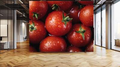 This image features a close-up view of fresh, ripe tomatoes still glistening with water droplets, showcasing their vibrant red color and perfect round shape. Wall mural