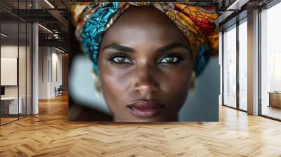 This portrait captures a woman wearing a colorful headwrap, embodying confidence and grace, reflecting cultural richness and individual elegance in a captivating scene. Wall mural