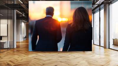 Two corporate figures walk away into the sunset amidst towering glass buildings, capturing the essence of ambition, teamwork, and the tranquil conclusion of a busy day. Wall mural