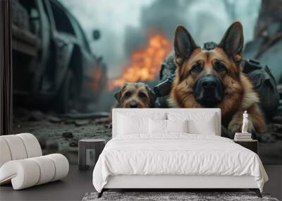 Two courageous dogs lie ready amidst destruction and fire, embodying bravery and loyalty in the intense chaos and turmoil of a battlefield scene setting. Wall mural