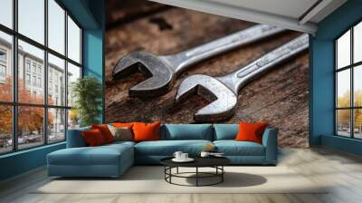 Two metal wrenches lie side by side on a dark, worn wooden surface, symbolizing tools for repair and mechanical work, essential for any handyman or mechanic. Wall mural